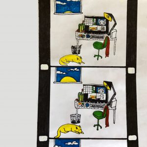 Hand-drawn image featuring the text "Home Movie Day 2021" next to two frames of 16mm film featuring a computer desk with an empty chair and sleeping dog. Drawing by Chris Cohen.