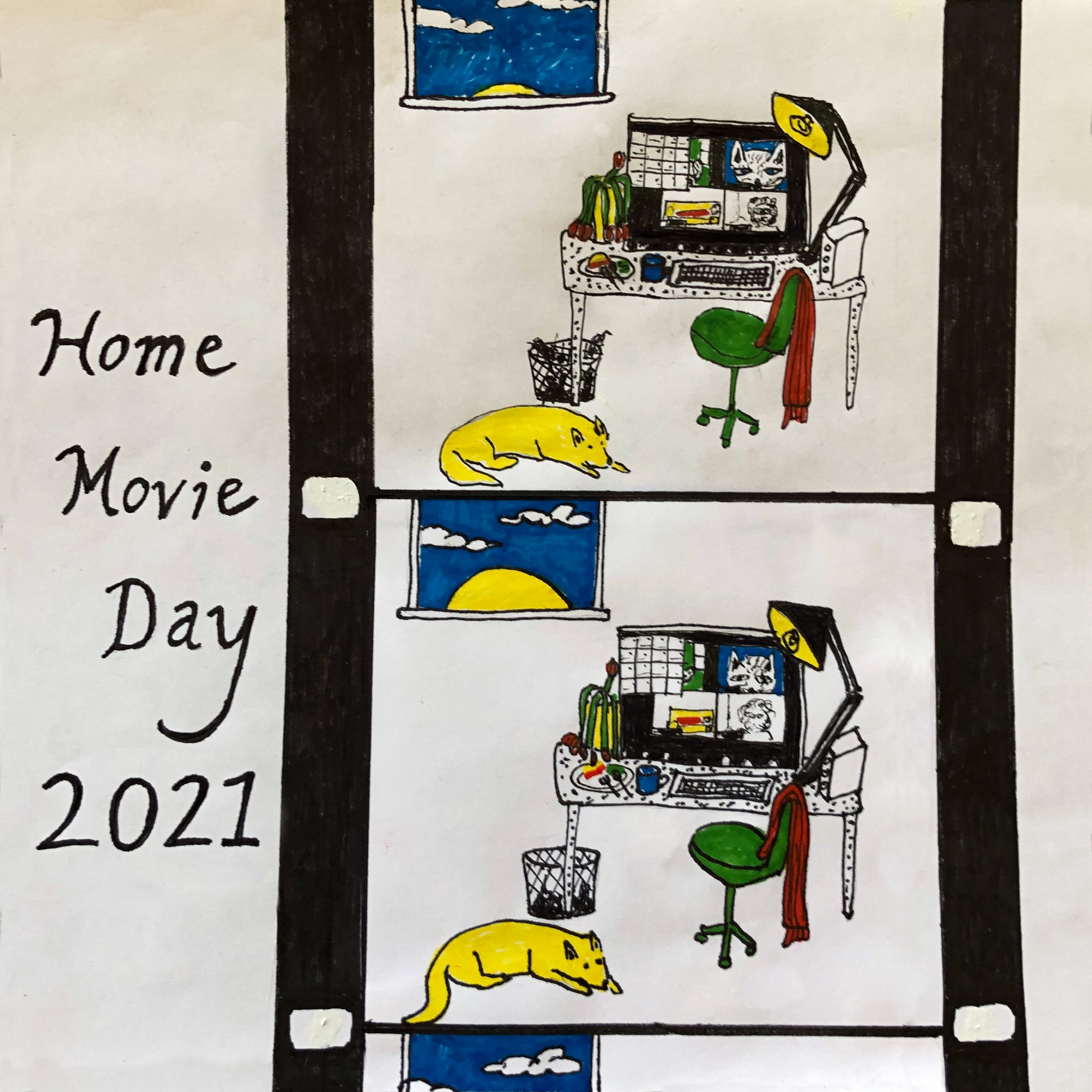 Hand-drawn image featuring the text "Home Movie Day 2021" next to two frames of 16mm film featuring a computer desk with an empty chair and sleeping dog. Drawing by Chris Cohen.