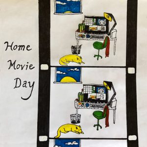 Hand-drawn image featuring the text "Home Movie Day 2021" next to two frames of 16mm film featuring a computer desk with an empty chair and sleeping dog. Drawing by Chris Cohen.
