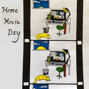 Hand-drawn image featuring the text "Home Movie Day 2021" next to two frames of 16mm film featuring a computer desk with an empty chair and sleeping dog. Drawing by Chris Cohen.