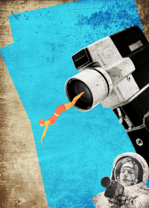 Collage image of a Super 8mm film camera with a drawing of a woman diving out of the lens, all on a blue and tan background. A smaller image of an astronaut holding a camera in the lower right corner.